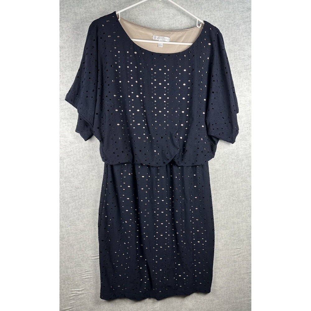London Times Woman Navy Blue Eyelet Blouson Sheath Dress Lined Size 8 Cottage